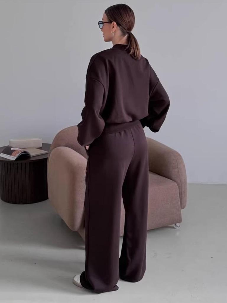 Women's Solid Color Zipper Pocket Sports Jacket & Pants Set - Casual Long Sleeve Two-Piece for Spring/Autumn 2026