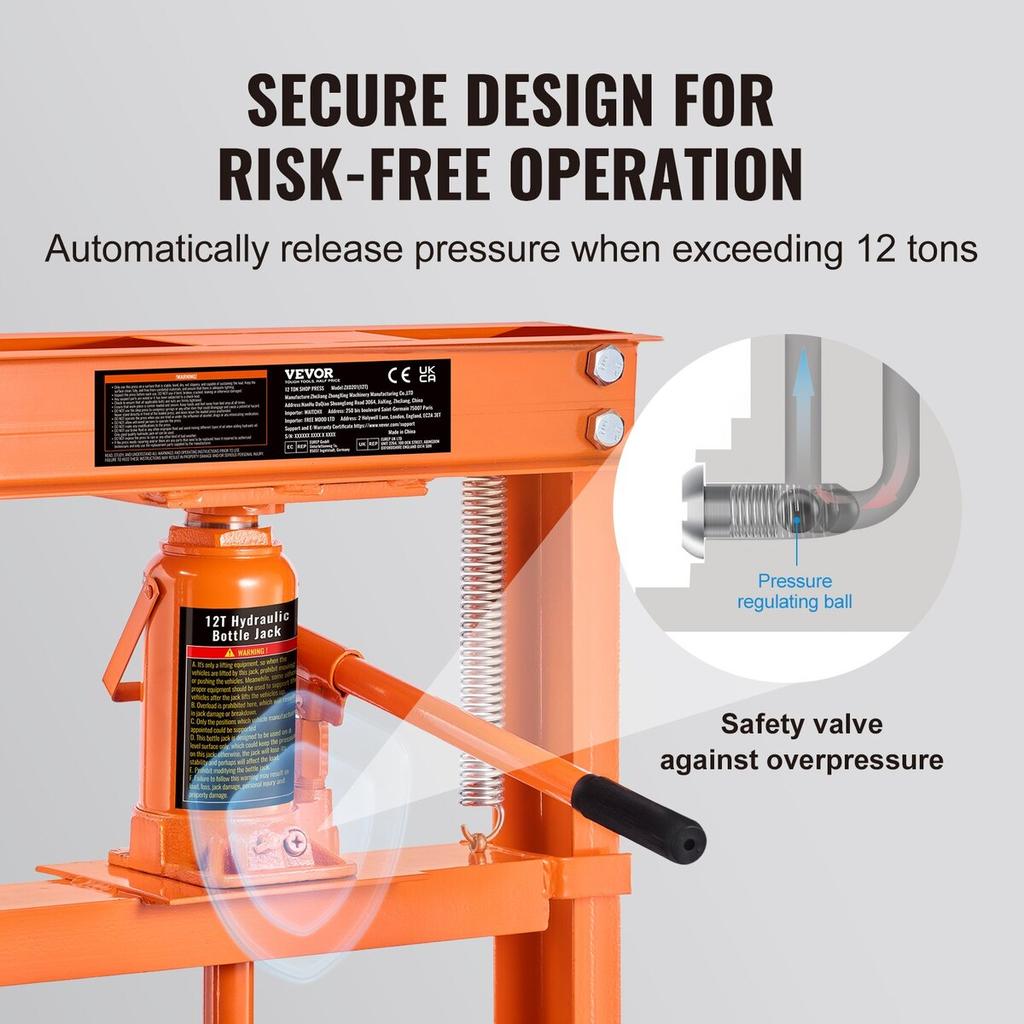 Hydraulic, 12 Ton H-Frame Floor, Stamping Plates, Adjustable Working Table Height for Bending or Straightening Metal, Garages, or Homes Shop Press,