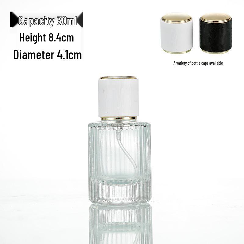 30ml Vertical Stripe Glass Perfume Spray Bottle – Portable, Transparent, and Cylindrical.