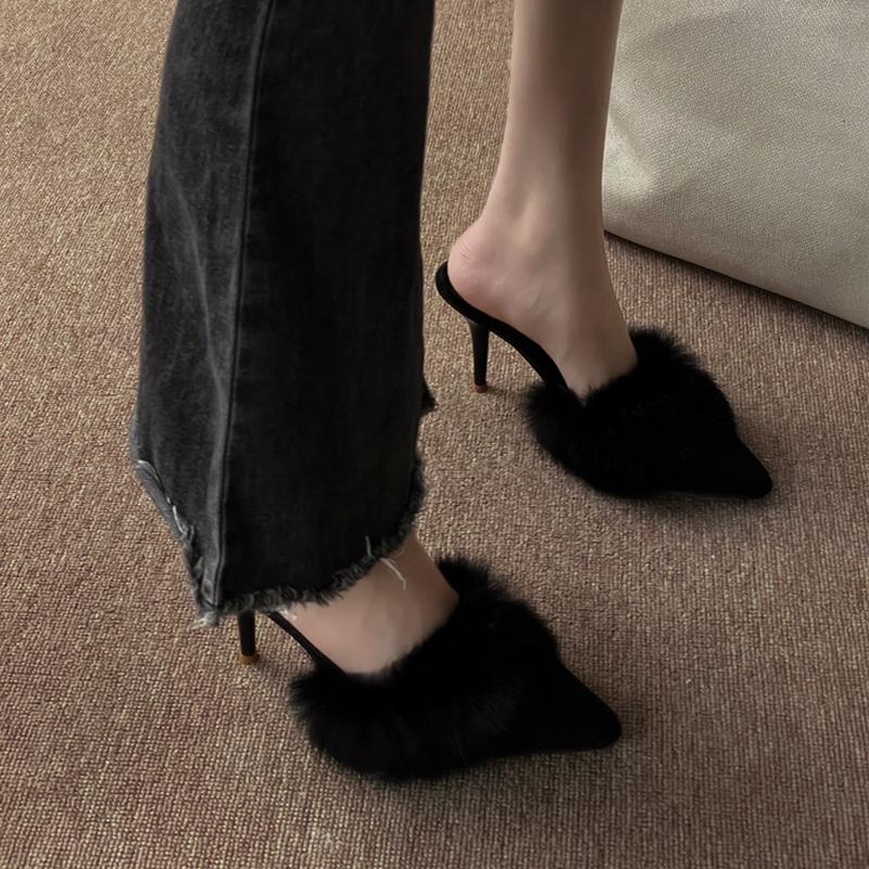 Fashion High Heel Fur Mule Slides Woman Elegant Pointed Toe Furry Slippers Ladies Luxury Plush Evening Party Pump Shoes