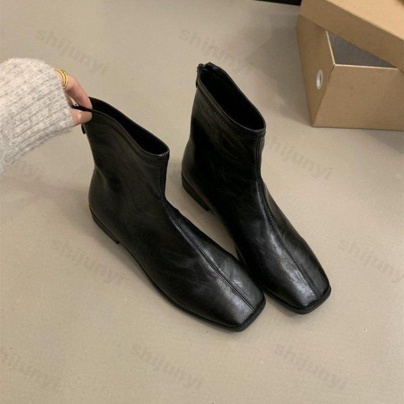 Women Ankle Boots Spring Autumn Fashion Square Toe Short Boot Ladies Casual Low Heel Shoes Leather Flats Shoes Mujer Botas