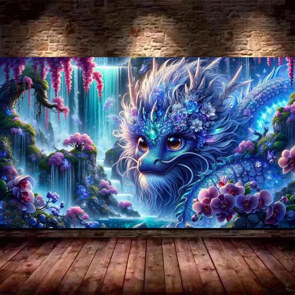 Ice Dragon,Fantasy Landscape Waterfall Flowers DIY 5D Diamond Painting New 2025 Full Mosaic Diamond Embroidery Sale Big Size