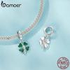 Bamoer 925 Sterling Sølv Firkløver Charms Perler med grønn emalje passform Europeiske armbånd DIY Mango/Kaktus/Flamingo