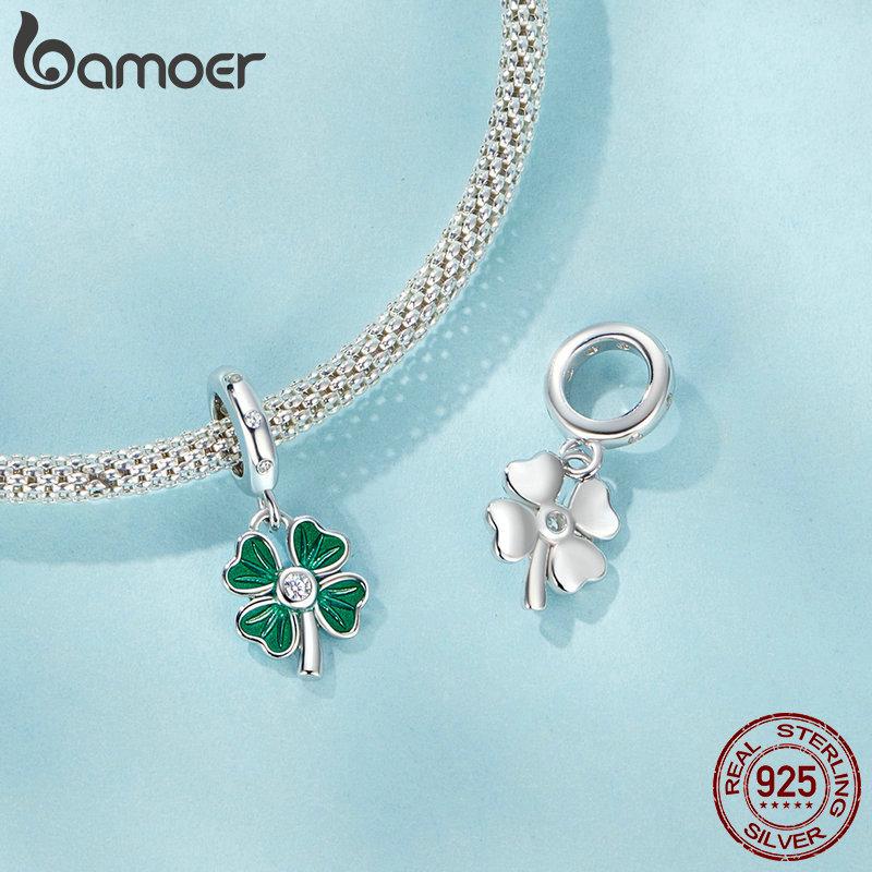 Bamoer 925 Sterling Sølv Firkløver Charms Perler med grønn emalje passform Europeiske armbånd DIY Mango/Kaktus/Flamingo