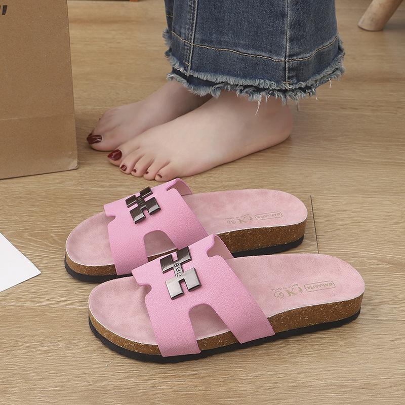 Summer H slippers soft-soled integrated loafers one-word slippers European and American large size one-pedal women's versatile shoes