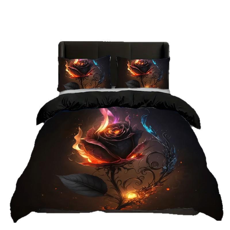 Three-Piece Flame Rose Series Quilt Cover 3D Digital Printing Bedding Kit