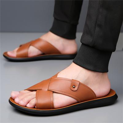 Summer Men Classic Lightweight One-line Slippers Men Anti-slip Pu Leather Casual Cool Slippers With Soft Beach Vacation Shoes
