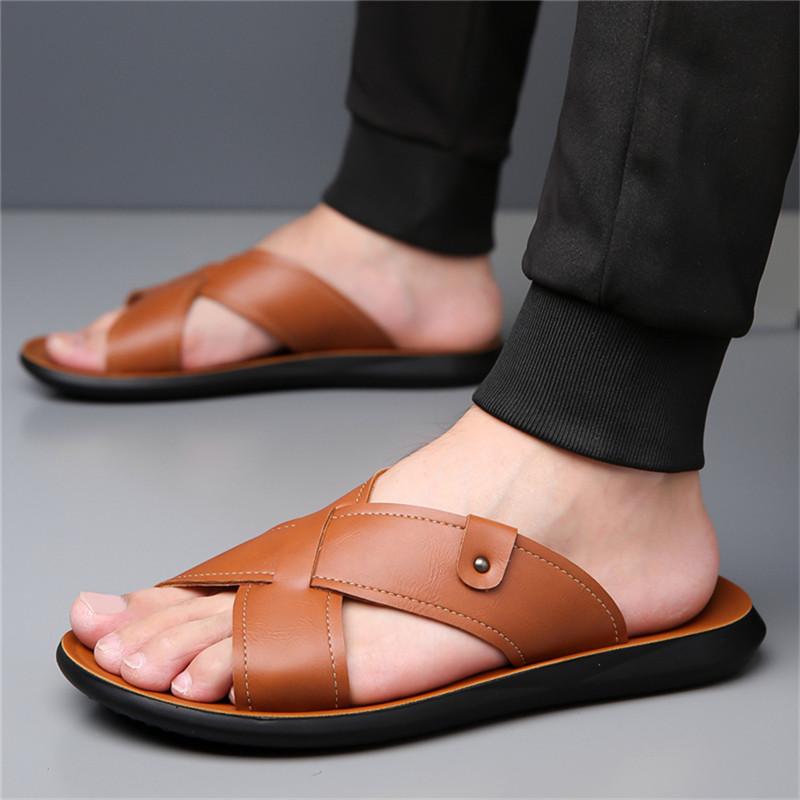 Summer Men Classic Lightweight One-line Slippers Men Anti-slip Pu Leather Casual Cool Slippers With Soft Beach Vacation Shoes