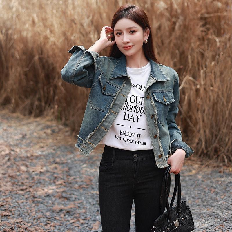 Women's Retro Short Denim Jacket with Polo Collar