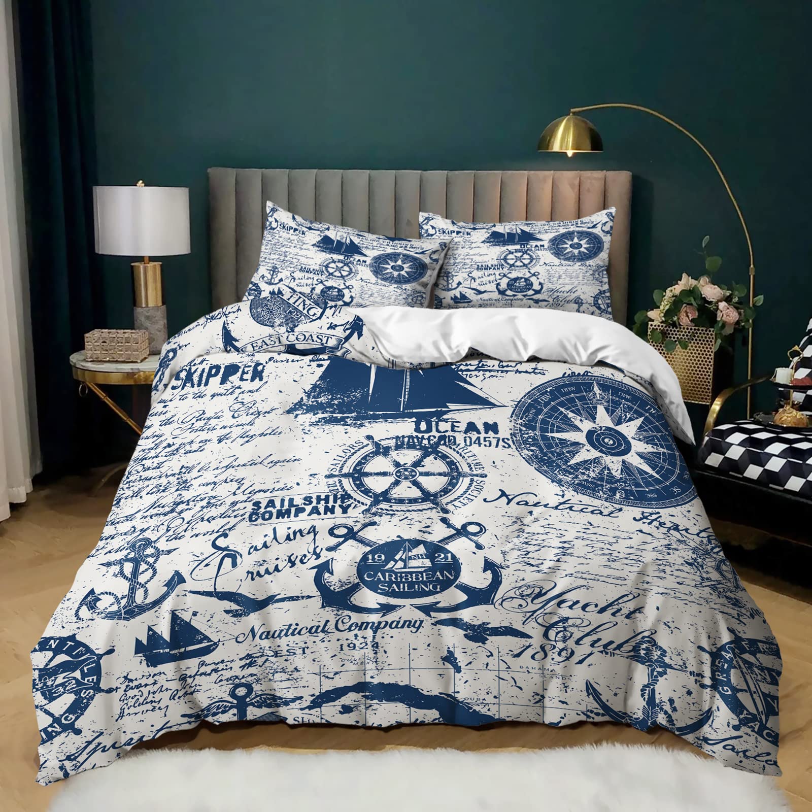 

Anchor Duvet Cover Set Nautical Theme Queen King Bedding Set Boys Girls Teens Sea World Ocean Comforter Cover Set Bedroom Decor EU Single(135x200cm)
