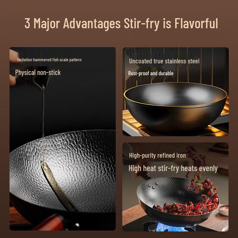 Supor 32cm Hammered Non-Coated Iron Wok for Gas Stoves