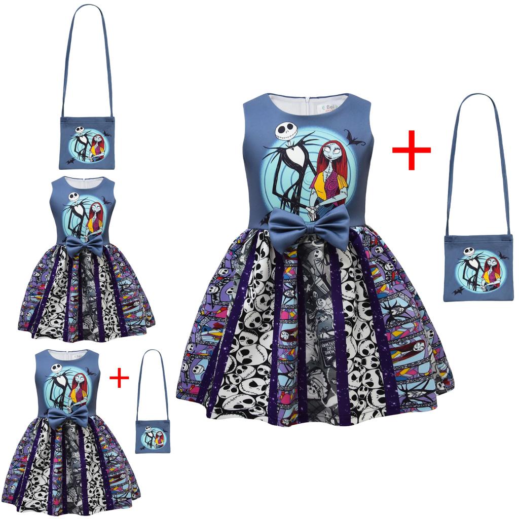 The Nightmare Before Christmas Halloween Princess Dress With Bow And Bag For Girls Age 3 To 8