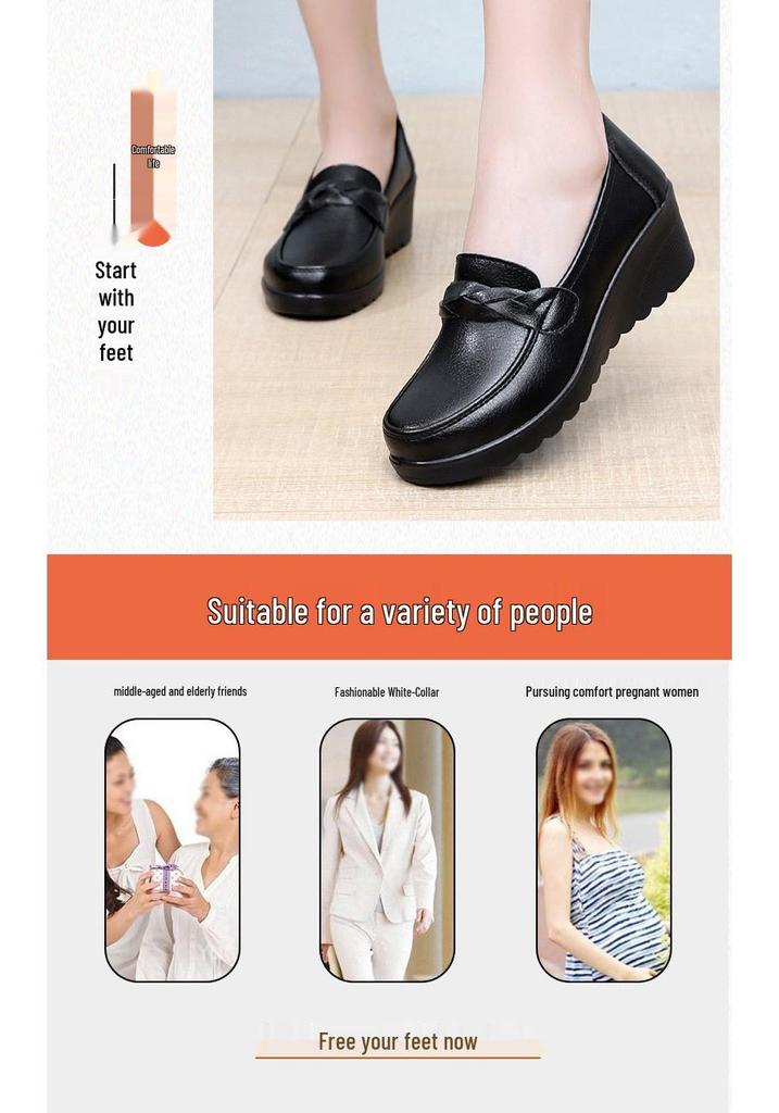 2026 Spring/Autumn Wedge Shoes for Middle-Aged Women - Casual Black Leather Mother's Footwear