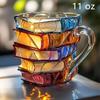 Bemalte Buchtasse, 3D Bunte Glasbuch-Kaffeetasse, Neuheit Bücherstapel Kaffeetasse Weihnachtsgeschenke für Literatur-Buchliebhaber