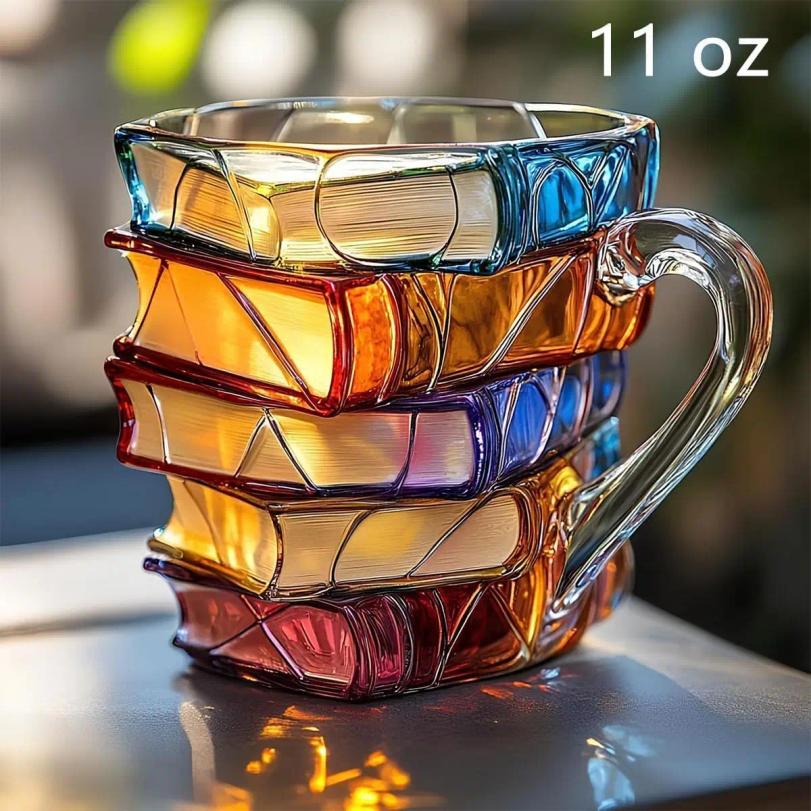 Bemalte Buchtasse, 3D Bunte Glasbuch-Kaffeetasse, Neuheit Bücherstapel Kaffeetasse Weihnachtsgeschenke für Literatur-Buchliebhaber