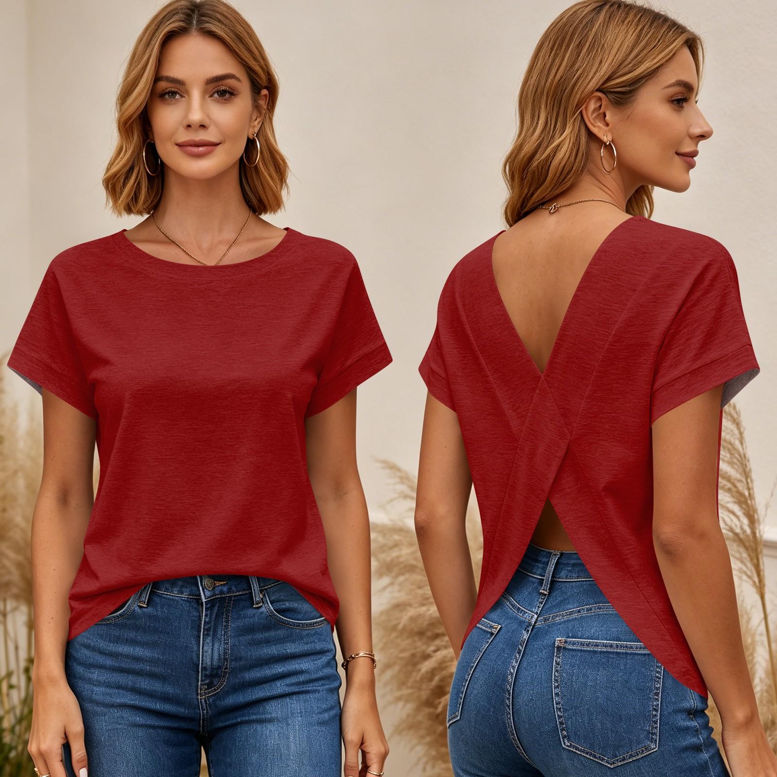 

Women Short Sleeve Solid Color Top Cross Back Open Back T Shirt Casual Lightweight Blouse Summer Fashion Tee L