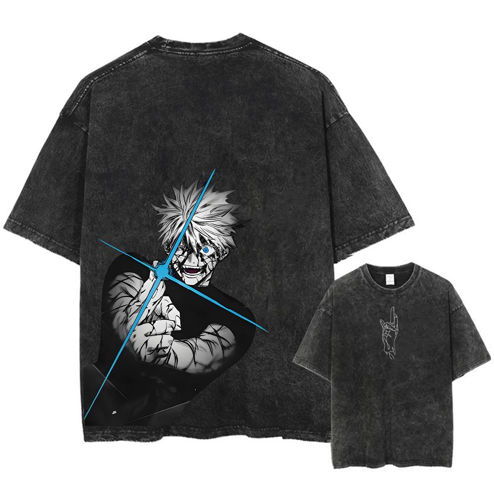 Men Streetwear Washed Acid Oversized T Shirt Japanese Anime Retro Worn Graphic Print T-Shirt Cotton Short Sleeve Tees