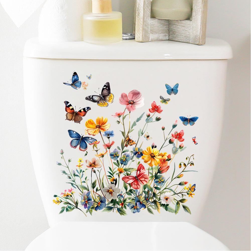 Flower Wall Stickers, Self-adhesive Butterfly Toilet Sticker Peel And Stick, Floral Leaf Decor Art DIY Wall Decals Wallpaper Supplies For Refrigerator