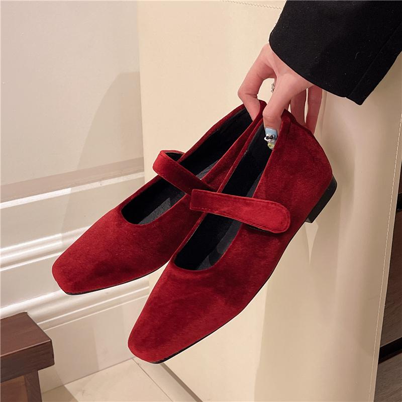 Fashion Spring French Style Square Toe Shallow Mouth Ladies Shoes 2025 New Style with Low Heel Suede Flat Shoes Autumn Women's Shoes