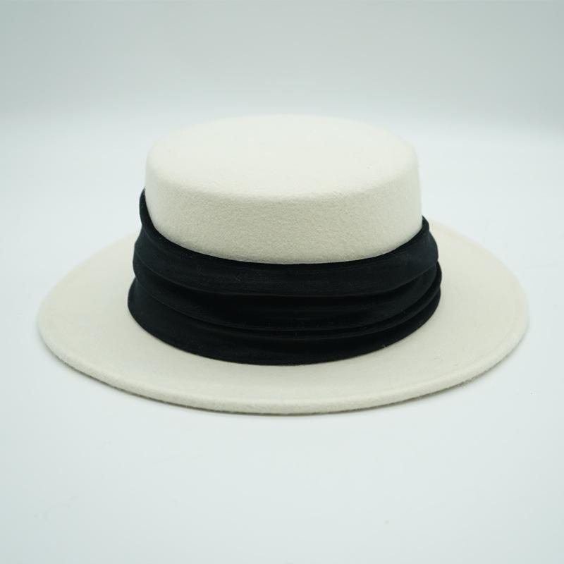 White Flat Top Small Brim Japanese French Retro British Elegant Velvet Woolen Top Hat Women'S Autumn And Winter Felt Hat