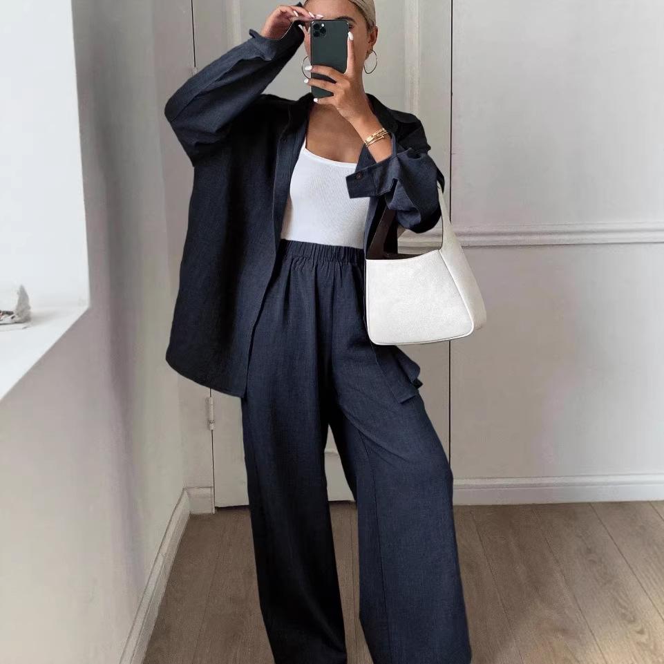 "2026 European & American Casual Cotton-Linen Two-Piece Set: Loose Long-Sleeved Shirt & Pants”