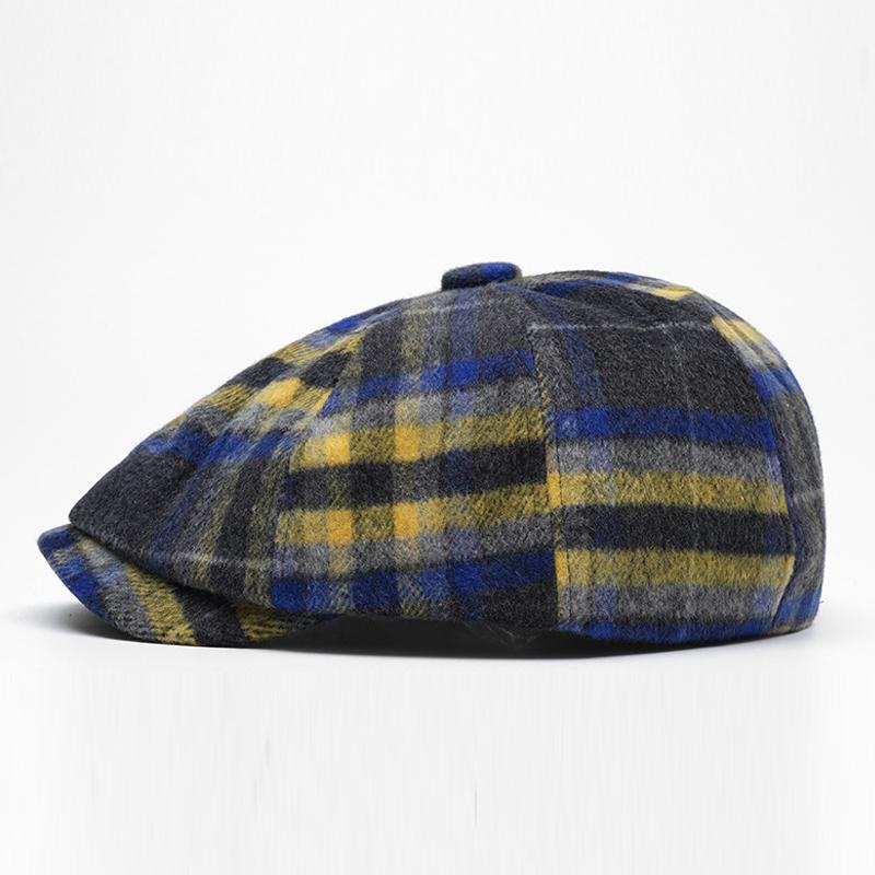 Color Check Octagonal Cap Men Women Autumn Winter Wool Warm Forward Cap British Newsboy Cap Beret