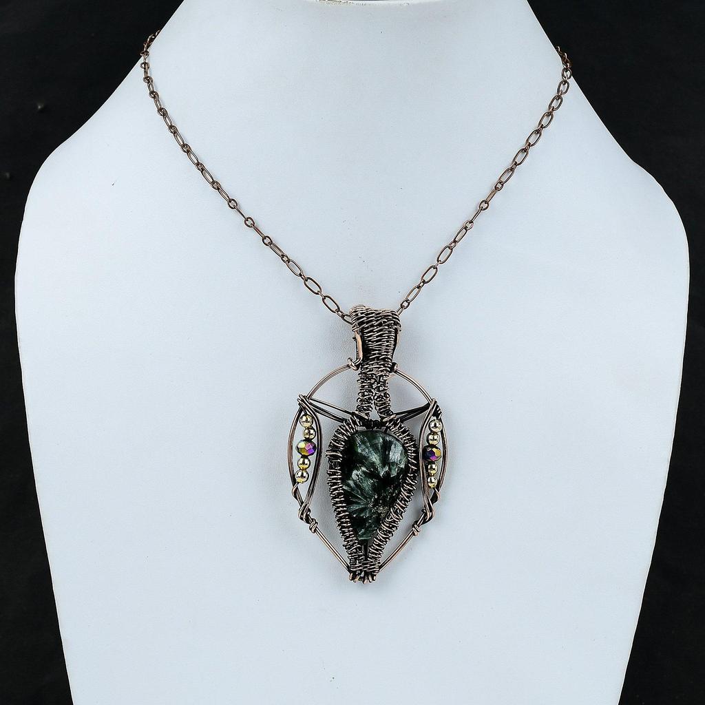 Seraphinite Copper Pendant Wire Wrapped Pendant Titanium Beads Pendant Copper Wire Jewelry Gift For Mother Handmade Pendant Gemstone Jewelry