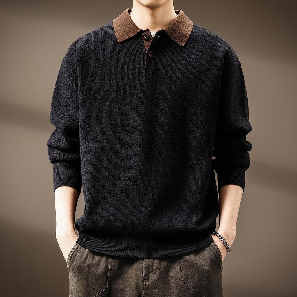Men's High-End Heavyweight Cotton Color Block Polo Sweater - 2025 Spring/Autumn Collection