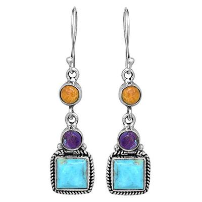 Böhmische geometrische türkisfarbene Ohrringe im Ethno-Stil, orange-lila Edelstein, handgefertigte Ohrringe