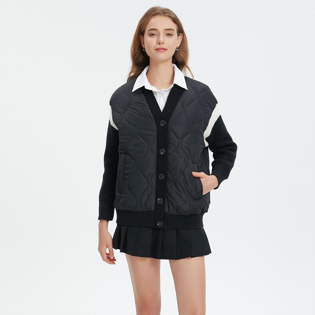 DIMANAF 2025 Mantel Damen Pullover Patchwork Wattiert Knöpfe Mantel Strickjacke Fake Zweiteiler Lockerer Pullover