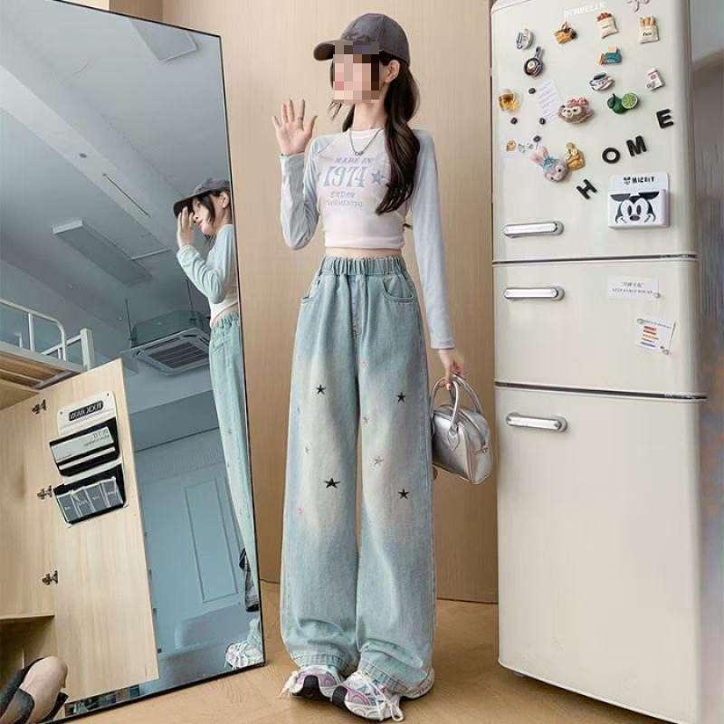 

Plus Size Retro Embroidered Wide-Leg Jeans for Girls - Autumn 2026. 2XL синій