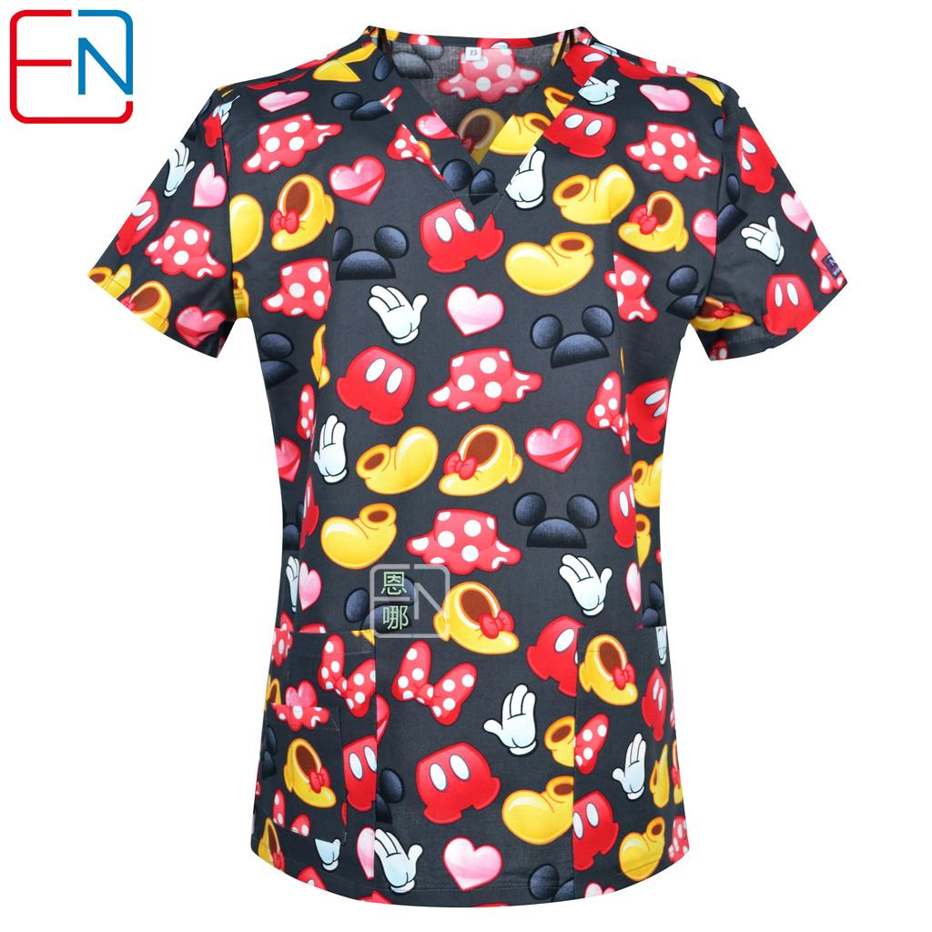 Hennar Uniforme de Trabalho Feminino 100% Algodão Estampado Uniformes Decote V Manga Curta XXS-3XL Hospitalar Clínico Uniforme de Trabalho Top