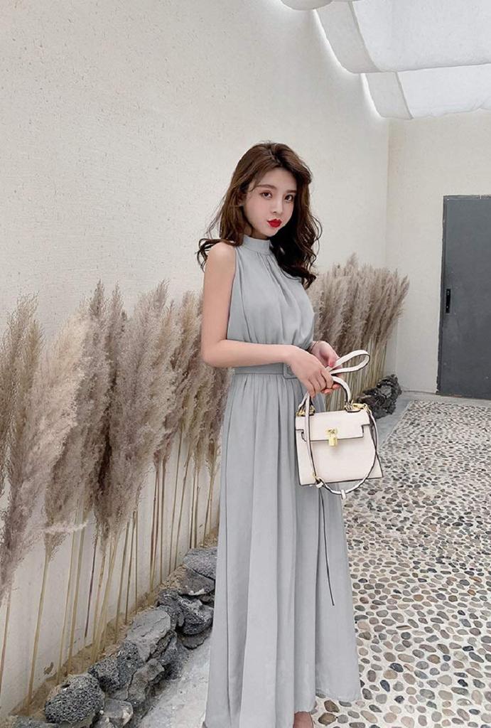 ALL DAY Shining Long Dress with Sleeveless Chiffon Maxi Perfect for Casual and RW30GRL Belt, Self-Adjustable Dress, Parties, Events, Resorts, Wear,