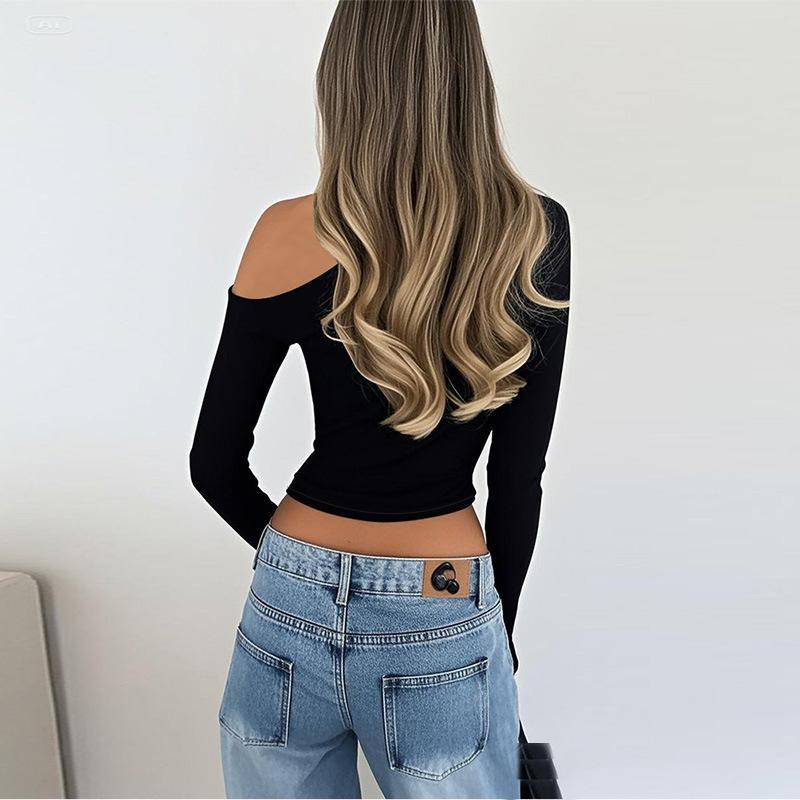 Solid Color One Shoulder Cropped Long Sleeve Hollow Out Metal Button Sexy Casual Women T Shirt