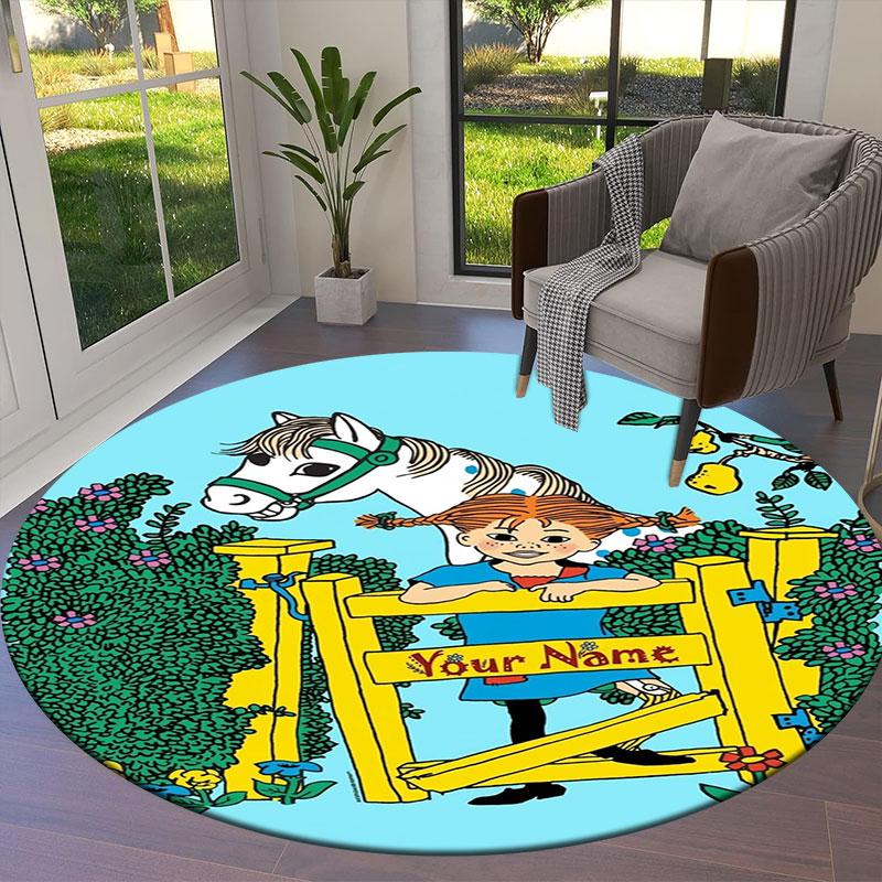 Pippi Longstocking Custom Name Round Area Rug,Carpet Rug for Living Room Bedroom Sofa Playroom Decor,Non-slip Floor Mat