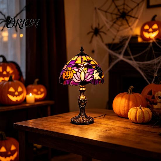 Decorative Resin Lamp Halloween Vintage Table Lamp, Retro Pumpkin Skeleton Black Cat Warm Yellow Atmosphere Light Night Light, Gothic Bedside