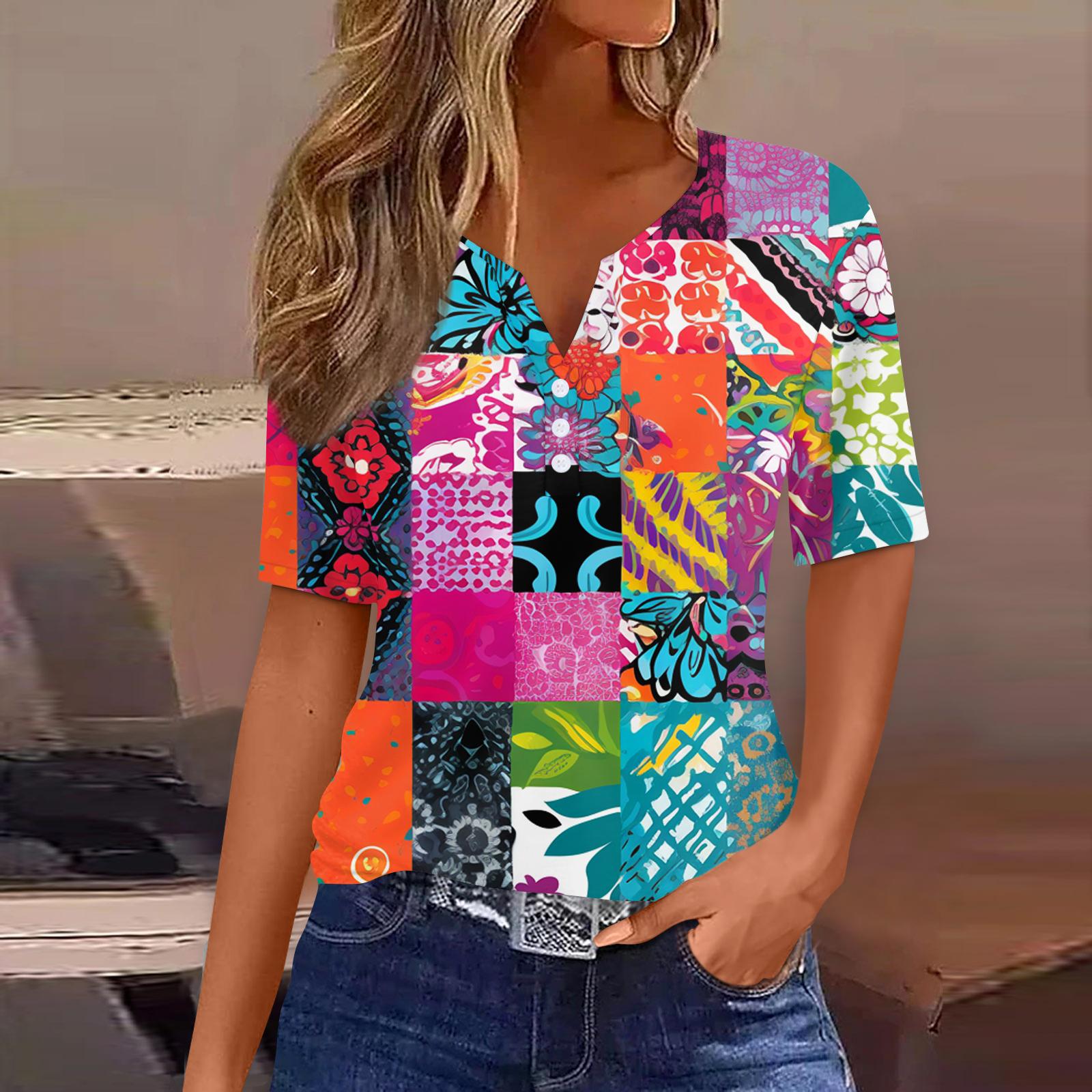 

Жіноча футболка з принтом і ґудзиками, з коротким рукавом, щоденна мода на вихідні, звичайний топ із V-подібним вирізом L