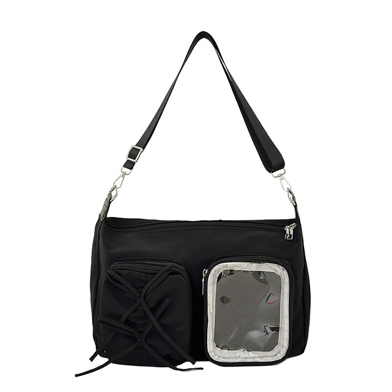 Fashion Women Kawaii Bow Tie Messenger Bag Clear Window Mint Green Nylon Crossbody Bag Casual Pin Display Ita Bag for Daily чёрный