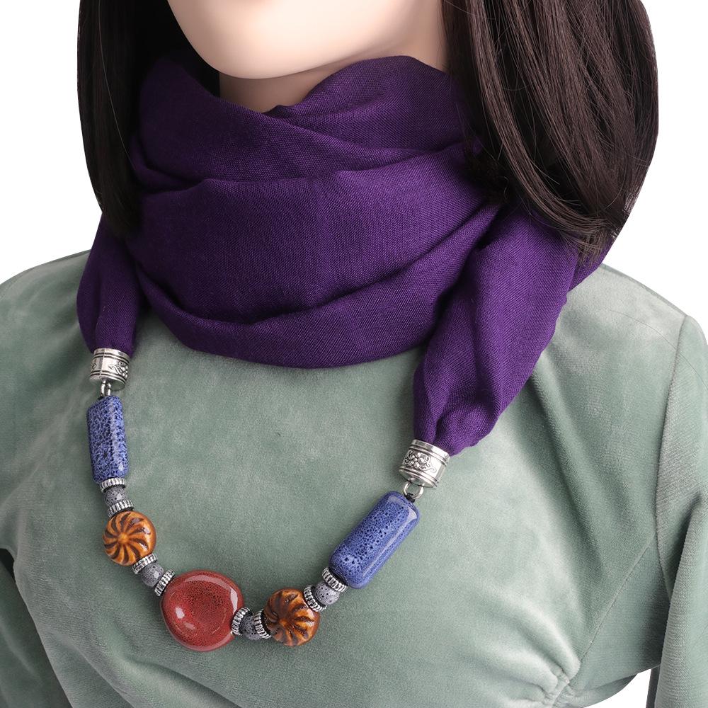 Cotton-Linen Infinity Scarf with Handmade Beaded Pendant, Women's 2-in-1 Boho Scarf Necklace Accessory