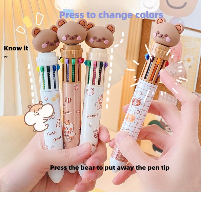 Cute Little Bear with High Appearance, Press Type Neutral Pen, Ten Color Ballpoint Pen, Colorful Pen, Multi-color Pen