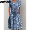 IHUASU 30 Color Pleated Midi Dress Short Sleeve Round Neck Loose Hem Mid-Calf Length Women Floral A-Line Party Dress Casual Wear