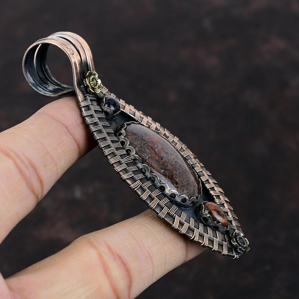 Dinosaur Bone Pendant Copper Wire Wrapped Pendant Mahogany Obsidian & Blue Sunstone Pendant Handmade Jewelry Gemstone Pendant Gift For Him