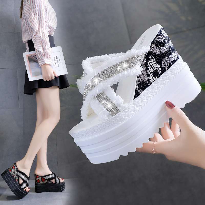 Slippers Women's Outer Wear 2020 Summer New Fashion Versatile Cross High Heel Thick Bottom Slope Heel Heightening Sandals Tide