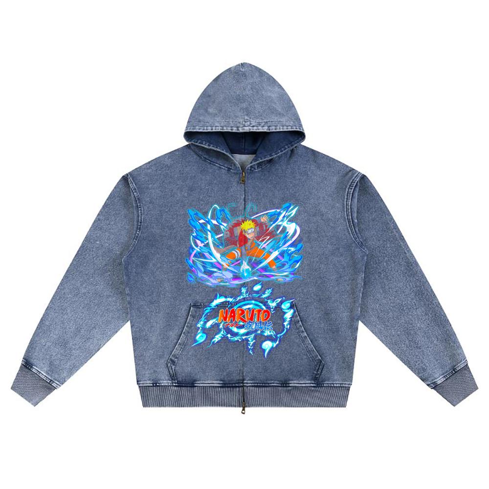 DTG Print Knitted Denim Zip-Up Hoodie Copy of NARUTO Brother Print Zipper Hoodies  