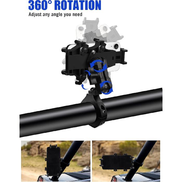 UTV Phone Holder, Aluminum Alloy Heavy Duty Cell Phone Mount For UTV/SXS,360° Adjustable Mounting Bracket Fits 1.75”-2” Roll Cage, 8 Claws