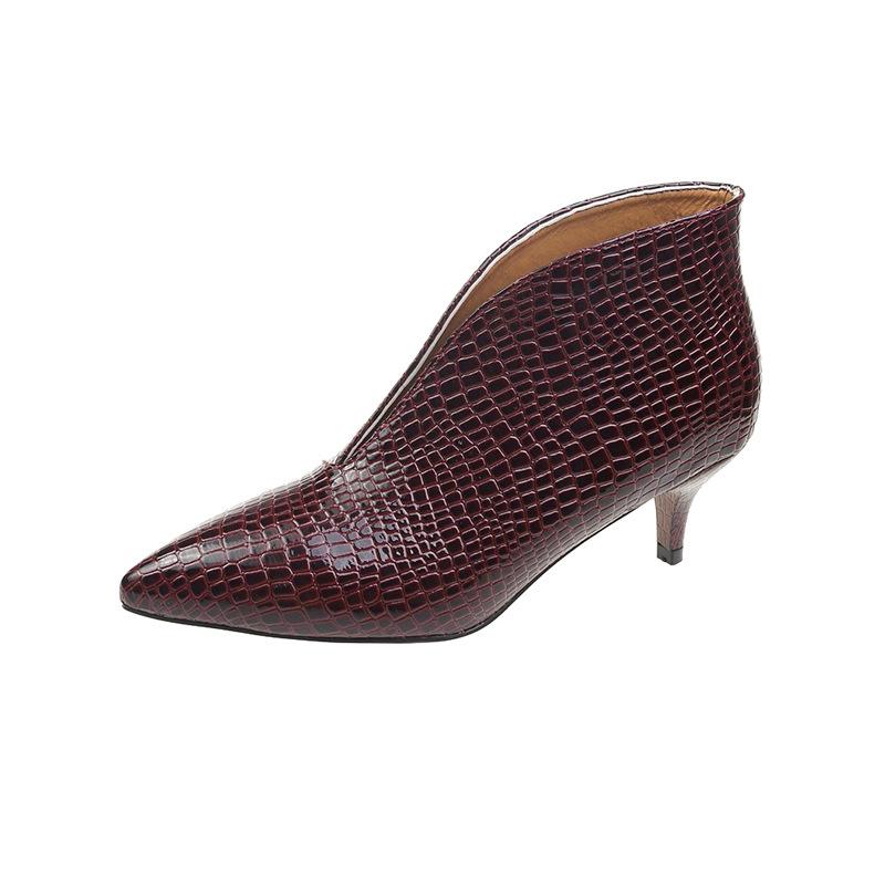 Fashion Fashion Spring Autumn Pointed Toes V-mouth Patent Leather Short Boots Women Thin High Heels Snake Skin Ankle Boots Chunky Heels