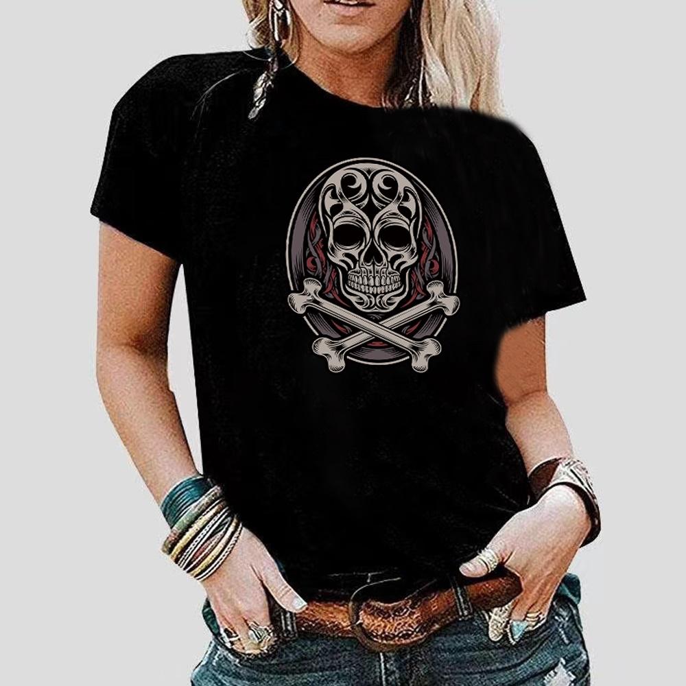 2023 Fashion Trend New T-shirt Skull Printed Female O-neck T Shirt Casual Harajuku Crew Neck  Ladies Tshirt Hip Hop Streetwear