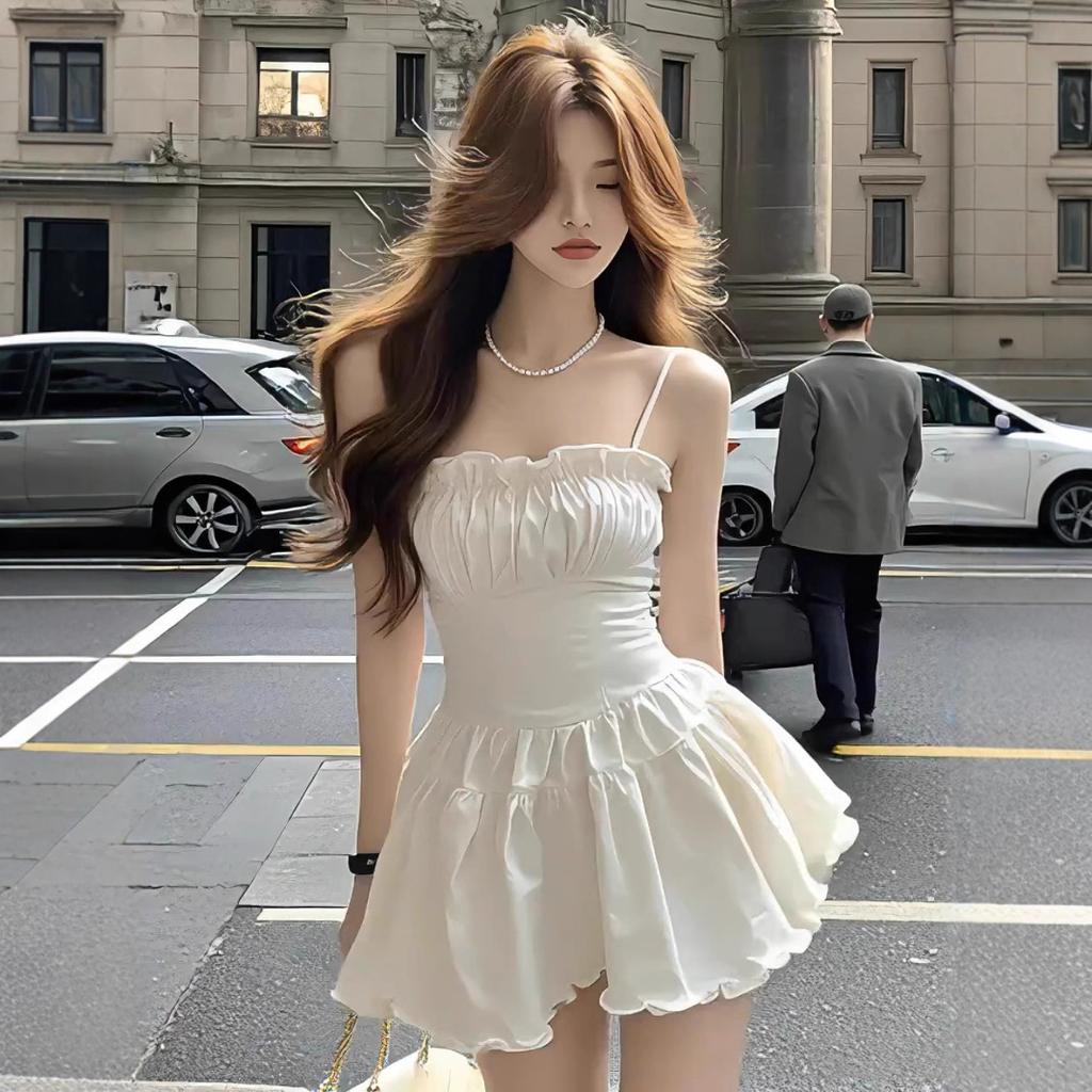 Double-layer white square neck suspender pleated fungus lace dress women's summer pure desire light luxury sexy skirt