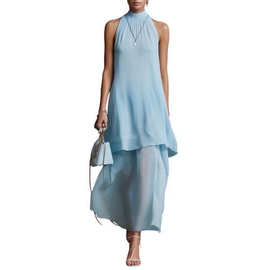 Women s Flowy Chiffon Maxi Dress, Halter Sleeveless Wedding Guest Dress, Asymmetrical Hem Summer Formal Evening Party Cocktail Dress S