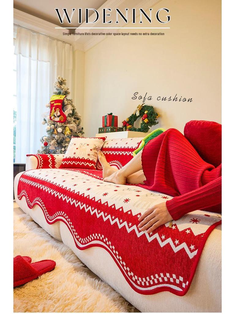 Festive Red Chenille Non-Slip Sofa Cover for All Seasons - New Year & Christmas Style